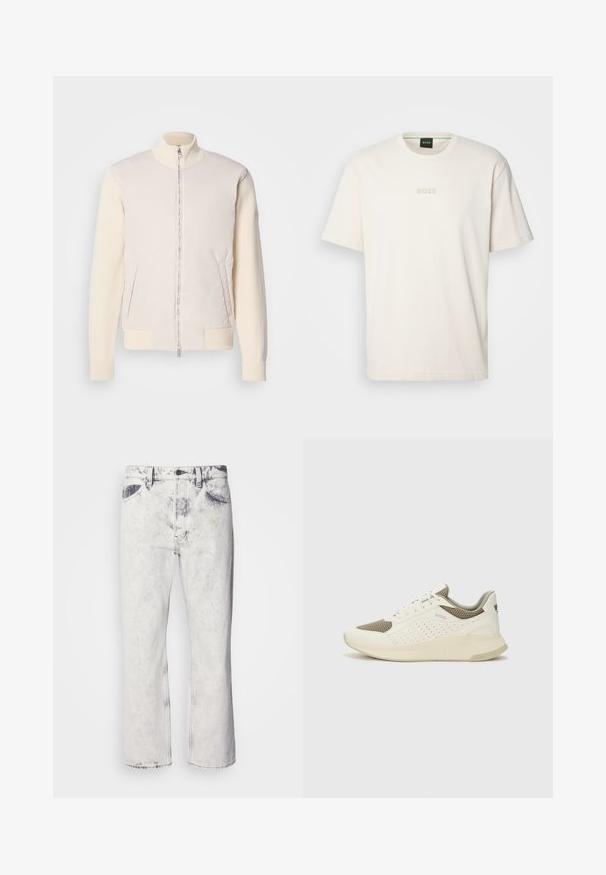 Gai bēšas krāsas jaka ar rāvējslēdzēju priekšā, apvienojot gludu augšējo materiālu un teksturētas adītas piedurknes, ar sānu kabatām un stāvu apkakli.; BOSS TEE - Pamata T-krekls - open white; Baltas džinsu audums ar izbalējušu apdari, taisnās kājas dizains un kontrastējoši tumši akcenti kabatās. Iekļauts pogas un rāvējslēdzēja aizdare.; Baltas un gaiši bež sporta apavi, ar sieta augšdaļu, perforētiem detaļām un teksturētu vidusdaļu ar zīmolu uz papēža.
