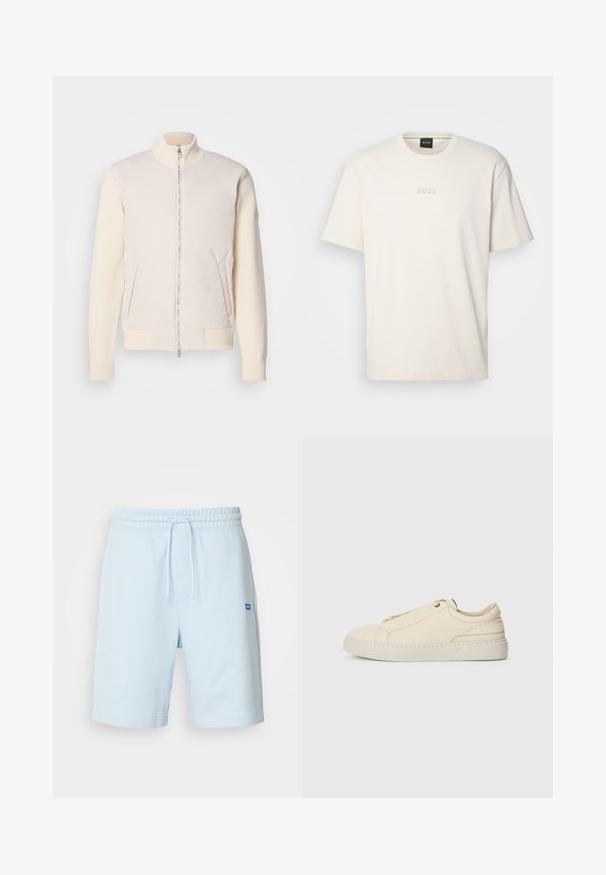 Svetlo bež jakna z zadrgo spredaj, ki združuje gladko zgornjo plast in teksturno pletene rokave, ima stranske žepe in stoječi ovratnik.; BOSS TEE - Navadna majica - open white; Svetlo modri bombažni kratki hlače z elastičnim pasom in vrvico. Imajo stranske žepe in majhen moder logotip spredaj.; Bež usnjeni športni copat s zaobljenim nosom, minimalistična zasnova, subtilne šivane podrobnosti in teksturirana zgornja stran, na svetlem podplatu.