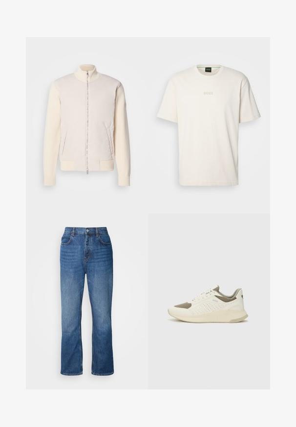 Svetlo bež jakna z zadrgo spredaj, ki združuje gladko zgornjo plast in teksturno pletene rokave, ima stranske žepe in stoječi ovratnik.; BOSS TEE - Navadna majica - open white; Modre kavbojke z visokim pasom, ravnim krojem nogavic, dvema sprednjima žepoma in kontrastnim šivanjem. Brez vidnih poškodb ali vzorcev.; Beli in svetlo bež športni copat, s mrežastim zgornjim delom, perforiranimi detajli in teksturirano srednjim delom z blagovno znamko na peti.