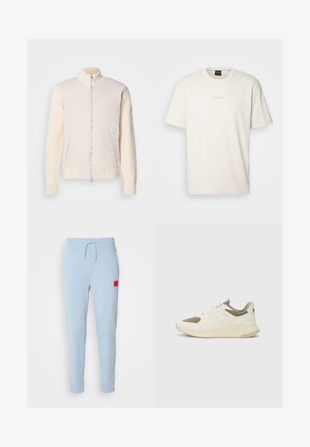 Lys beige jakke med lynlås foran, der kombinerer et glat overmateriale og teksturerede strikkede ærmer, med sidelommer og en opretstående krave.; BOSS TEE - T-shirts basic - open white; Lyseblå bomuldsjoggers med snor i taljen, sidelommer og en lille rød logo-patch på venstre side. Tætsiddende manchetter ved anklerne.; Hvide og lyse beige sportssko med en mesh-overdel, perforerede detaljer og en tekstureret mellemsål med branding på hælen.