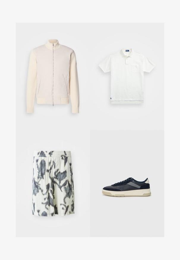 Chaqueta de color beige claro con cierre delantero, que combina un material superior liso y mangas de punto texturizado, con bolsillos laterales y cuello alzado.; Camisa polo blanca de algodón, con un collar clásico, una tapeta de tres botones y un bolsillo en el pecho izquierdo; pequeño logo en el dobladillo.; Pantalones cortos blancos con un patrón de tie-dye negro, con una cinturilla elástica y un tejido transpirable para mayor comodidad. Diseño casual con corte holgado.; BOSS BALTIMORE - Zapatillas - open blue