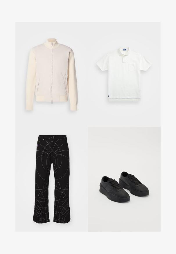 Helle beige Jacke mit durchgehendem Reißverschluss, bestehend aus glattem Obermaterial und strukturierten Strickärmeln, ausgestattet mit seitlichen Taschen und einem Stehkragen.; Weißes Poloshirt aus Baumwolle, mit klassischem Kragen, Drei-Knopf-Leiste und einer linken Brusttasche; kleines Logo am Saum.; Schwarze Hose mit weißen abstrakten Nähten. Merkmale sind standardmäßige Taschen, Knopfverschluss und ein gerades Bein-Design. Strukturierter Stoff.; Schwarze Sneakers aus glattem Leder mit einer gepolsterten Sohle. Merkmale sind flache Schnürsenkel, Perforationen an der Zehenpartie und eine schlanke Silhouette.