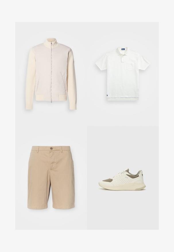 Gai bēšas krāsas jaka ar rāvējslēdzēju priekšā, apvienojot gludu augšējo materiālu un teksturētas adītas piedurknes, ar sānu kabatām un stāvu apkakli.; Balta polo krekls, izgatavots no kokvilnas, ar klasisku apkakli, trīs pogu aizdari un kreisajā krūtī kabatu; neliels logo apakšmalā.; Bežīgas kokvilnas šortas ar gludu tekstūru, kurām ir priekšējā pogu aizdare, jostas cilpas un taisna griezuma piegriezums, kas beidzas nedaudz virs ceļgaliem.; Baltas un gaiši bež sporta apavi, ar sieta augšdaļu, perforētiem detaļām un teksturētu vidusdaļu ar zīmolu uz papēža.
