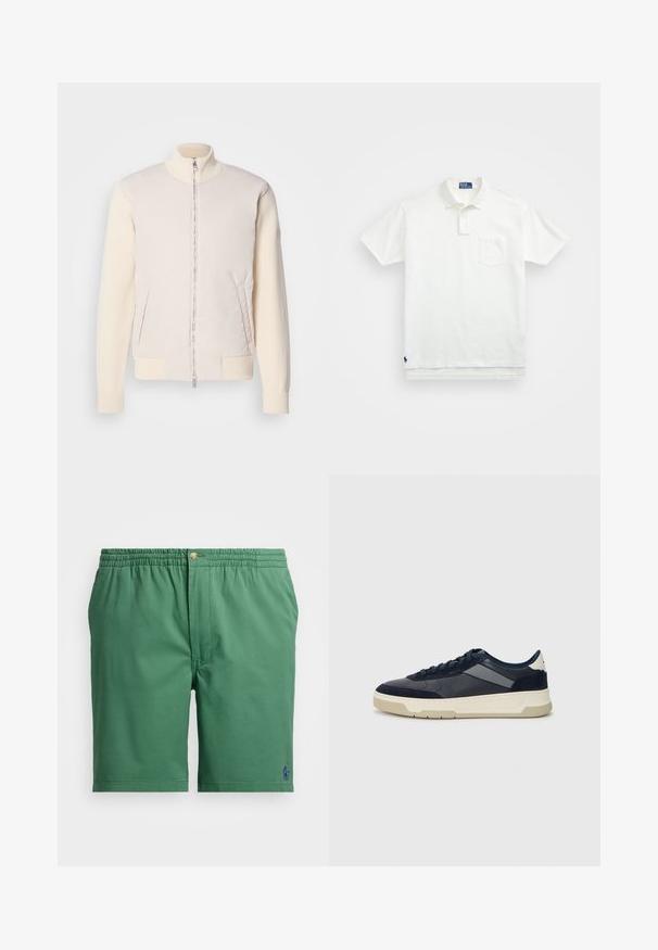 Casaco bege claro com fecho éclair à frente, combinando um material superior liso e mangas de malha texturizada, apresentando bolsos laterais e gola alta.; Polo branca feita de algodão, com colarinho clássico, lista de três botões e um bolso no peito esquerdo; pequeno logótipo na bainha.; Calções verdes de algodão com uma cintura elástica, apresentando um botão dourado, fecho na parte da frente e um pequeno logótipo azul no lado inferior esquerdo.; BOSS BALTIMORE - Sapatilhas - open blue