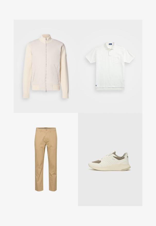 Light beige jacket with a zippered front, combining a smooth upper material and textured knit sleeves, featuring side pockets and a stand collar.; White polo shirt made of cotton, featuring a classic collar, three-button placket, and a left chest pocket; small logo at the hem.; Beige cotton chinos with straight-leg design, belt loops, front button closure, and two side pockets. Smooth texture with minimal wrinkles.; White and light beige athletic sneaker, featuring a mesh upper, perforated detailing, and a textured midsole with branding on the heel.