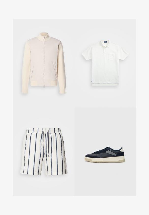 Casaco bege claro com fecho éclair à frente, combinando um material superior liso e mangas de malha texturizada, apresentando bolsos laterais e gola alta.; Polo branca feita de algodão, com colarinho clássico, lista de três botões e um bolso no peito esquerdo; pequeno logótipo na bainha.; Calções brancos com riscas verticais em azul-marinho. Apresentam um cós elástico com cordão. Tecido leve com uma textura suave e com a bainha bem acabada.; BOSS BALTIMORE - Sapatilhas - open blue