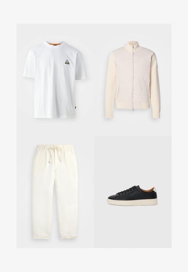 Hele beež jakk, millel on lukuga esikülg, sujuva ülemise materjali ja tekstuuriga kootud varrukatega, küljetaskud ja kõrge krae.; Valge puuvillane T-särk ümmarguse kaelusega, lühikeste varrukatega ja vasakul rinnal rohelise ja musta värviga kolmnurkne tikandlogo.; Hele kreemjad, mugavad püksid pehmest kangast. Omavad elastset vöökohta stringiga ning kitsenevat jala disaini.; Mustad nahast tennised sujuva pindadega, beež kummist tallaga, paelaga kinnitamine ja kontrastse kanna aktsendiga.