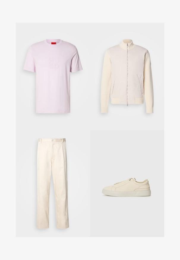 Gai bēšas krāsas jaka ar rāvējslēdzēju priekšā, apvienojot gludu augšējo materiālu un teksturētas adītas piedurknes, ar sānu kabatām un stāvu apkakli.; Gaiši rozā kokvilnas T-krekls ar īsām piedurknēm, ar smalku izšūtu "HUGO" logotipu atbilstošā krāsā uz priekšpuses.; Bežā krāsā auduma bikses ar taisnu kāju griezumu, pievienotām pogu aizdares un priekšējiem krokām papildu detaļām.; Bežīga ādas kedas ar noapaļotu purngalu, minimālistisku dizainu, smalkiem stīgām un teksturētu virsmu uz gaišas zoles.