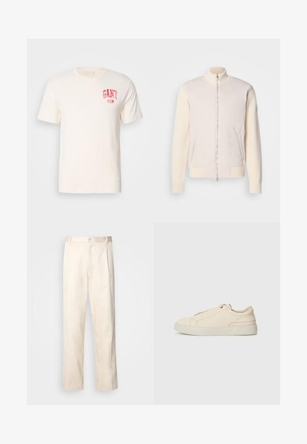 Light beige jacket with a zippered front, combining a smooth upper material and textured knit sleeves, featuring side pockets and a stand collar.; Cotton t-shirt in off-white with short sleeves, round neck, and a light red GANT logo printed on the chest. Simple and casual design.; Beige cotton trousers with a straight-leg cut, featuring a button closure and pleats at the front for added detail.; Beige leather sneaker with a rounded toe, minimalistic design, subtle stitching details, and a textured upper, on a light sole.