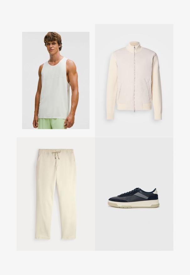 Svetlo bež jakna z zadrgo spredaj, ki združuje gladko zgornjo plast in teksturno pletene rokave, ima stranske žepe in stoječi ovratnik.; Mladenič oblečen v brezrokavni bel športni top in svetlo zelene športne hlače, ki stoji ob enobarvni beli ozadju.; Off-white prazne hlače s elastičnim pasom in vrvico, ravne noge in stranske žepke na enobarvni podlagi.; BOSS BALTIMORE - Športni copati - open blue