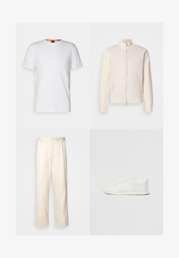 Casaco bege claro com fecho éclair à frente, combinando um material superior liso e mangas de malha texturizada, apresentando bolsos laterais e gola alta.; T-shirt de algodão branco com decote redondo, mangas curtas e um logo em relevo discreto no peito. A etiqueta interior tem um detalhe laranja.; Calças de algodão bege com corte reto, apresentando um fecho de botão e pregas na frente para um detalhe adicional.; Sapatilha branca com parte superior em malha e sintético, bico arredondado, atacadores planos e uma faixa lateral texturizada. Sola em borracha com uma alça na parte de trás.