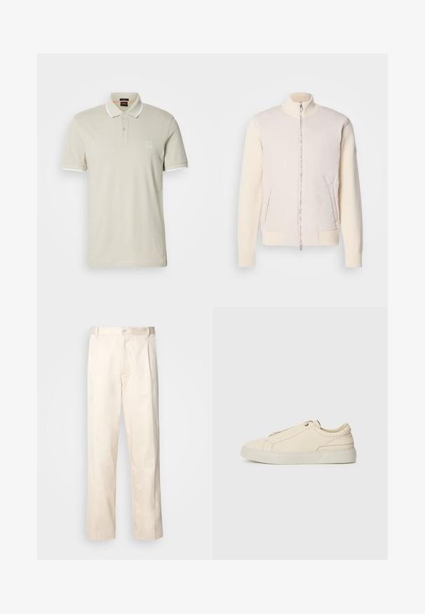 Světle béžová bunda se zapínáním na zip, kombinující hladký vrchní materiál a texturované pletené rukávy, s bočními kapsami a stojáčkovým límcem.; Polo tričko ve světlé béžové bavlně s bílými akcenty na límci a rukávech, se zapínáním na dva knoflíky a logem na hrudi.; Bežové bavlněné kalhoty se střihy rovného nohavice, s knoflíkovým zapínáním a záhyby vpředu pro zvýraznění detailu.; Krémové kožené tenisky s kulatou špičkou, minimalistickým designem, jemnými švy a texturovaným svrškem, na světlé podrážce.