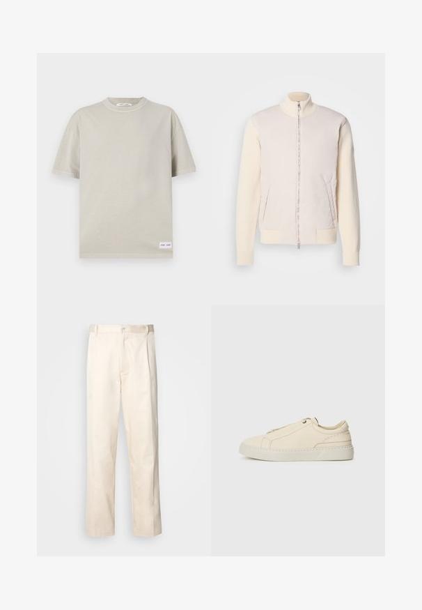 Šviesiai smėlinės spalvos švarkas su užtrauktuku priekyje, derinantis lygaus viršutinio audinio ir tekstūruotų mezginių rankoves, turi šonines kišenes ir stovinčią apykaklę.; Šviesiai smėlio spalvos trumpomis rankovėmis marškinėliai, pagaminti iš minkštos medžiagos, su apvalia iškirpte ir maža etikete apatiniame kairiajame kampe.; Bežinės medvilninės kelnės su tiesiu kirpimu, turinčios mygtuko uždarymą ir priekyje raukšles papildomai dekoratyviam akcentui.; Kreminio odos sportbačiai su apvaliu nosiu, minimalistiniu dizainu, subtiliomis siuvimo detalėmis ir tekstūrine viršutine dalimi, ant šviesios pado.