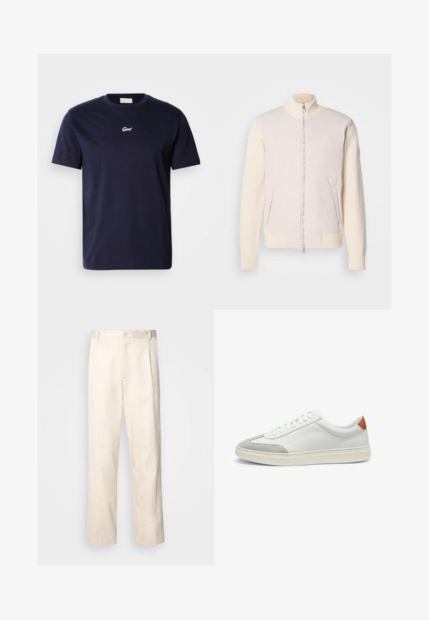 Light beige jacket with a zippered front, combining a smooth upper material and textured knit sleeves, featuring side pockets and a stand collar.; Navy blue cotton t-shirt with short sleeves and a crew neckline. Features a small white embroidered logo on the chest.; Beige cotton trousers with a straight-leg cut, featuring a button closure and pleats at the front for added detail.; White leather sneakers with gray suede accents and a tan leather heel tab. Features a textured surface and lightweight sole.