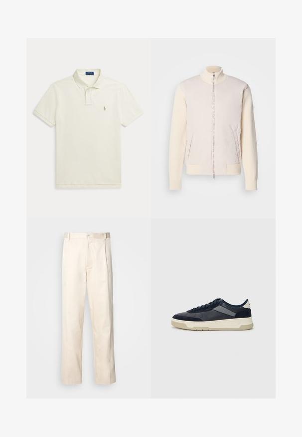 Casaco bege claro com fecho éclair à frente, combinando um material superior liso e mangas de malha texturizada, apresentando bolsos laterais e gola alta.; Polo de manga curta em algodão off-white, com colarinho clássico, dois botões e pequeno logótipo bordado no peito.; Calças de algodão bege com corte reto, apresentando um fecho de botão e pregas na frente para um detalhe adicional.; BOSS BALTIMORE - Sapatilhas - open blue
