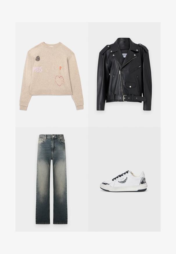 Juodas odinis motociklininko švarkas su sidabro detalėmis, asimetriška užtrauktuko uždarymo sistema, dvi priekinės užtrauktuko kišenės ir diržo juostos ош. Lygus tekstūra ir struktūrizuotas dizainas.; Kreminės spalvos trumpas megztinis su siuvinėtais akcentais. Yra įvairių spalvingų aplikacijų, įskaitant tekstą ir širdelės dizainą. Raukšlėti rankogaliai ir apatinė dalis.; Aukštos juosmeniu tiesaus kirpimo džinsai su išblukusia šviesia ir tamsiai mėlyna džinsų skalbimo spalva bei klasikinio penkių kišenių dizainu.; Baltieji sportbačiai su juodais akcentais, turintys tekstūruotą dizainą šone, juodus raištelius ir guminį padas. Ant viršaus - logotipas ir piešinys.