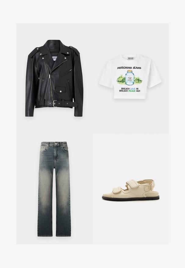 Czarna skórzana kurtka motocyklowa z srebrnymi detalami, asymetryczne zapięcie na zamek, dwa przednie kieszenie na zamek oraz pasek w talii. Gładka tekstura i wyraźnie zarysowany fason.; Biały krótki t-shirt z grafiką szklanego słoika z zielonymi liśćmi. Czarno-niebieski napis "MOSCHINO JEANS" oraz frazy o miłości i pokoju.; Dżinsy z wysokim stanem, prostą nogawką, w odcieniu jasnoniebieskim i ciemnoniebieskim z klasycznym pięcio-kieszeniowym wzorem.; Beżowe skórzane sandały z dwiema regulowanymi paskami na rzep, zabudowanym czubkiem i czarną gumową podeszwą. Charakteryzują się minimalistycznym designem i otwartym tyłem.