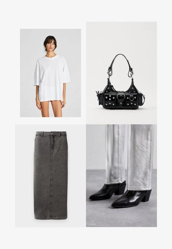 Must hoone nahast mootorratturite jakk hõbedase sisustusega, asümmeetrilise luku sulgemisega, kahe esise luku taskuga ja vööga taljes. Sile tekstuur ja struktureeritud disain.; Valge ülevõetud t-särk, mis on valmistatud puuvillast. Omab ümmargust kaelust ja lühikesi varrukasid, sileda tekstuuri ning lihtsat disaini.; Hallgrayst toor, puuvilla seguga seelik otse siluetiga, nööpide ja tõmbluku sulgemisega, vöökohal silmadega ja ühe taga taskuga.; Must musta ankle boots, mille musta ja terava nina ning plokkjala, kombineeritud läikivate hõbedaste pükstega, esitades sujuvaid tekstuure ja kontrastseid värve.; Must värvi nahast käekott, millel on kaarjas disain, hõbedased nupukesed, kinnitusahe ja kaks külgtaskut. Reguleeritav rihm erinevate kandmisvõimaluste jaoks.