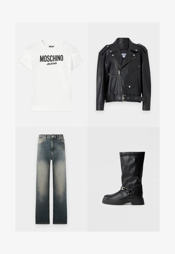 Černá kožená motorkářská bunda s stříbrným kováním, asymetrickým zipem, dvěma předními zipovými kapsami a páskem v pase. Hladká textura a strukturovaný design.; Bílý bavlněný tričko s krátkým rukávem. Má černý potisk s nápisem "MOSCHINO JEANS" na přední straně, kulatý výstřih a standardní střih.; Džínsy s vysokým pasem a rovnými nohavicemi se světlým a tmavým denimovým ombré a klasickým pětipocket designem.; Černé kozačky po kolena vyrobené z hladké kůže, s výraznou sponou na boku a silnou, strukturovanou podrážkou pro lepší přilnavost.