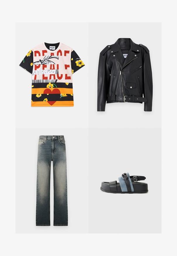 Black leather biker jacket with silver hardware, asymmetric zip closure, two front zip pockets, and a belted waist. Smooth texture and structured design.; Cotton t-shirt featuring a graphic mix of floral patterns, bold "PEACE" text in red, and striped sections in black, orange, and cream.; High-waist straight-leg jeans with faded light and dark denim wash and classic five-pocket design.; Black and blue sandal with a thick platform, leather and denim material, adjustable buckle, and open-toe design.