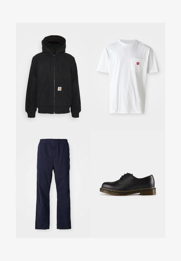 Hoodie preto com fecho zip, capucho acolchoado, cordões e bolsos frontais. Apresenta um patch de logo no bolso esquerdo e punhos canelados.; Camiseta branca de algodão com decote redondo e mangas curtas. Apresenta um pequeno logo em forma de coração vermelho no bolso esquerdo do peito.; Calças de algodão azul-marinho com um cós elástico, design de perna reta e detalhes de costura discretos. Textura suave, sem bolsos visíveis.; Shoe preto de couro com biqueira arredondada, design de atacador, costura amarela ao longo da sola e uma sola de borracha texturizada e robusta.