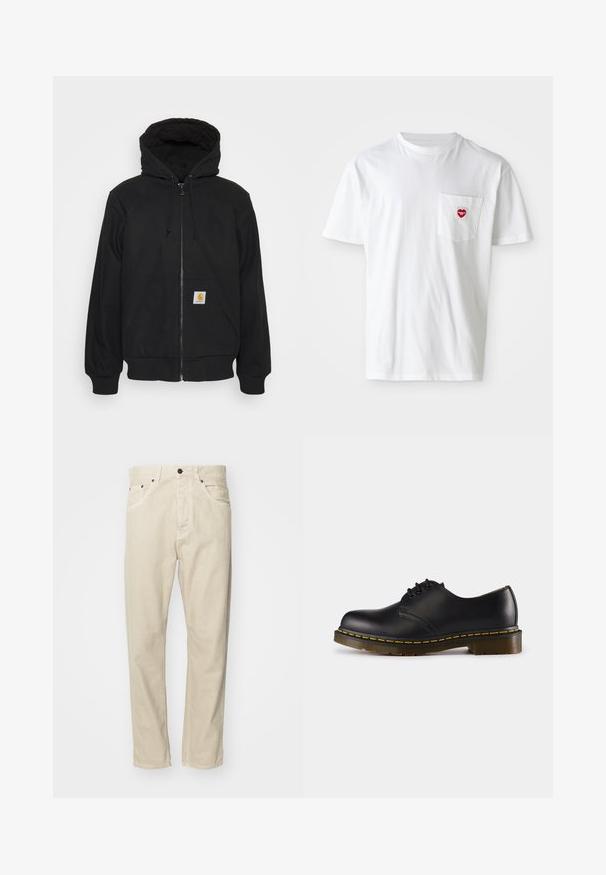 Must/hoodie, mille ajal, pitsitud kapuutsiga, nööride ja esikottidega. Vasakpoolsel kotil on logo silt ja peenikesed varrukad.; Valge puuvillane T-särk ümmarguse kaelusega ja lühikeste varrukatega. Vasakul rindkere taskul on väike punane südamelogo.; Beezid puuvillased püksid sirge säärega disainiga, viie taskuga ja metallist tarvikutega. Sile tekstuur minimaalsete õmbluste detailidega.; Musta nahkne saabas ümarate varvastega, nööridega kinnise disainiga, kollase õmblusega tallal ja paksu, tekstuurse kummist tallaga.