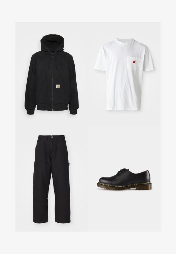 Melns kapucis ar rāvējslēdzēju, ar izšūtu kapuci, auklām un priekšējiem kabatām. Uz kreisās kabatas ir logo uzlīme un ribota aproce.; Balts kokvilnas T-krekls ar apaļu dekoltē un īsām piedurknēm. Uz kreisā krūšu kabatas ir neliels sarkans sirds logo.; Melni cargo bikses ar taisnu griezumu, kurām ir vairāki kabatas un pogu aizdare. Izgatavotas no izturīga kokvilnas auduma ar redzamām šuvēm.; Melna ādas kurpe ar noapaļotu purngali, šņorēšanas dizains, dzeltena šuvju līnija gar zoli un masīva, teksturēta gumijas zole.