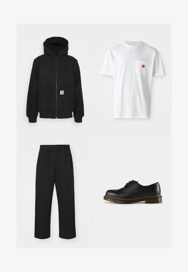 Hoodie preto com fecho zip, capucho acolchoado, cordões e bolsos frontais. Apresenta um patch de logo no bolso esquerdo e punhos canelados.; Camiseta branca de algodão com decote redondo e mangas curtas. Apresenta um pequeno logo em forma de coração vermelho no bolso esquerdo do peito.; Calças de algodão pretas com um corte reto, apresentando um fecho de botão, dois bolsos frontais e uma textura suave.; Shoe preto de couro com biqueira arredondada, design de atacador, costura amarela ao longo da sola e uma sola de borracha texturizada e robusta.