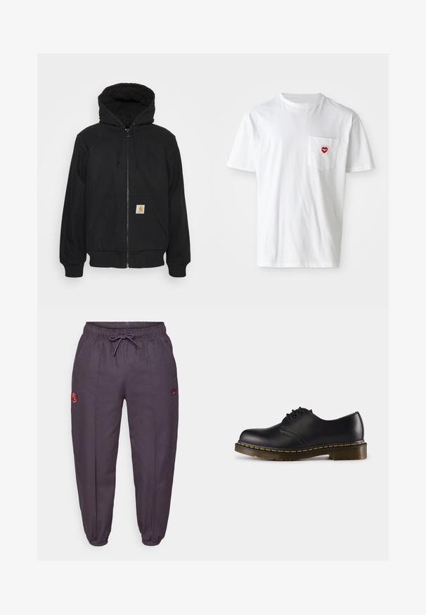 Czarna bluza z kapturem na zamek błyskawiczny, z pikowanym kapturem, sznurkami i kieszeniami z przodu. Posiada naszywkę z logo na lewej kieszeni oraz ściągacze przy rękawach.; Biały bawełniany t-shirt z okrągłym dekoltem i krótkimi rękawami. Posiada małe czerwone logo serca na lewej kieszeni na piersi.; Ciemnoszare spodnie dresowe z elastycznym pasem i sznurkiem do regulacji. Posiadają boczne kieszenie, ściągacze na nogawkach oraz czerwone haftowane akcenty.; Czarna skórzana półbut z okrągłym noskiem, wiązany, z żółtym przeszyciem wzdłuż podeszwy i masywną, teksturowaną gumową podeszwą.