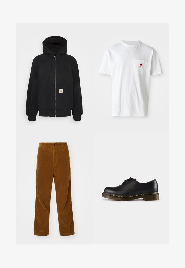 Czarna bluza z kapturem na zamek błyskawiczny, z pikowanym kapturem, sznurkami i kieszeniami z przodu. Posiada naszywkę z logo na lewej kieszeni oraz ściągacze przy rękawach.; Biały bawełniany t-shirt z okrągłym dekoltem i krótkimi rękawami. Posiada małe czerwone logo serca na lewej kieszeni na piersi.; Carhartt WIP - Spodnie materiałowe; Czarna skórzana półbut z okrągłym noskiem, wiązany, z żółtym przeszyciem wzdłuż podeszwy i masywną, teksturowaną gumową podeszwą.
