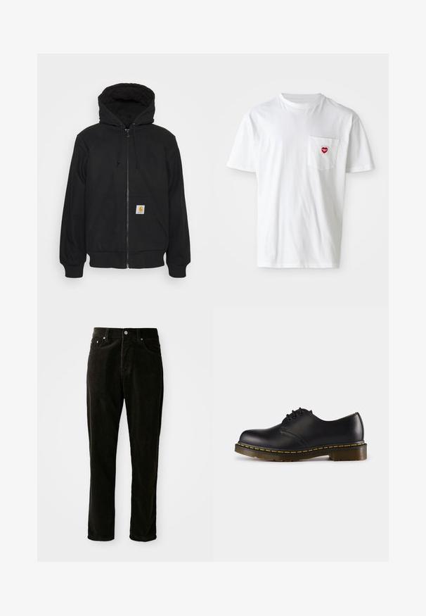Hoodie preto com fecho zip, capucho acolchoado, cordões e bolsos frontais. Apresenta um patch de logo no bolso esquerdo e punhos canelados.; Camiseta branca de algodão com decote redondo e mangas curtas. Apresenta um pequeno logo em forma de coração vermelho no bolso esquerdo do peito.; Calças de cotim pretas com um design de perna reta, tecido texturizado e estilo de cinco bolsos com detalhes em metal.; Shoe preto de couro com biqueira arredondada, design de atacador, costura amarela ao longo da sola e uma sola de borracha texturizada e robusta.
