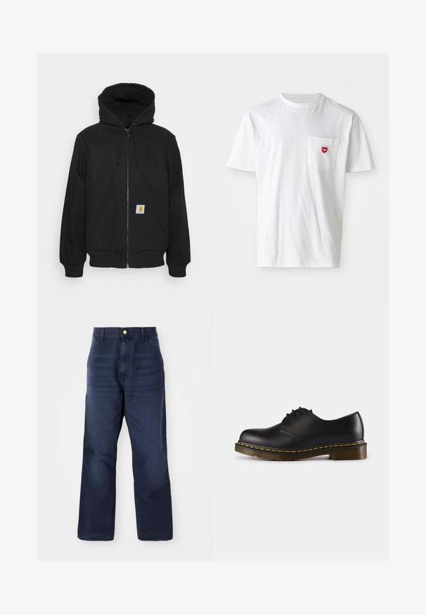 Svart dragkedja hoodie med en vadderad huva, snörning och framfickor. Har ett logotypmärke på vänster ficka och ribbade ärmslut.; Vit bomullströja med rund halsringning och korta ärmar. Har en liten röd hjärtlogga på vänstra bröstfickan.; Mörkblå denimbyxor med rak benform, med framknäppning, bälteshällor och utan synliga mönster eller detaljer.; Svart lädersko med rund tå, snörningsdesign, gula stygn längs sulan och en kraftig, texturerad gummisula.
