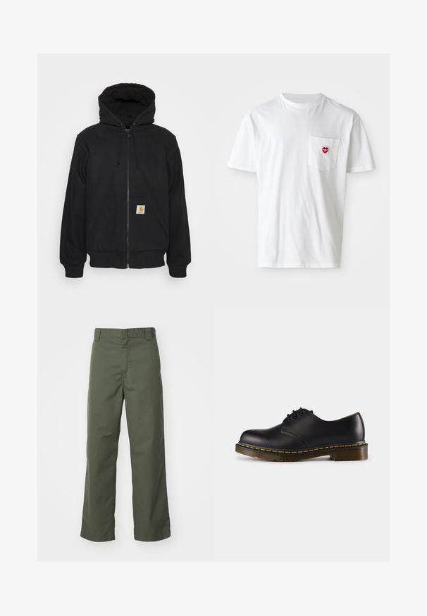 Haut de hoodie zippé noir avec capuche matelassée, cordons de serrage et poches avant. Présente un patch logo sur la poche gauche et des poignets côtelés.; T-shirt en coton blanc avec un col rond et des manches courtes. Présente un petit logo en forme de cœur rouge sur la poche gauche de la poitrine.; Pantalons droits olive en coton. Caractéristiques : texture lisse, devant plat et taille standard avec passants de ceinture.; Chaussure en cuir noir avec un bout arrondi, design à lacets, couture jaune le long de la semelle et une semelle en caoutchouc texturée et épaisse.