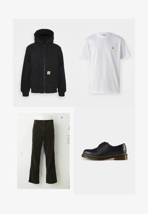 Hoodie preto com fecho zip, capucho acolchoado, cordões e bolsos frontais. Apresenta um patch de logo no bolso esquerdo e punhos canelados.; T-shirt branca de algodão com mangas curtas, decote redondo, apresentando um pequeno logótipo dourado na área do peito esquerdo. Textura macia e ajuste regular.; As calças de veludo cotelê castanhas apresentam um design com boca de sino, textura ribbed vertical, fecho frontal com botão e bolsos padrão.; Shoe preto de couro com biqueira arredondada, design de atacador, costura amarela ao longo da sola e uma sola de borracha texturizada e robusta.