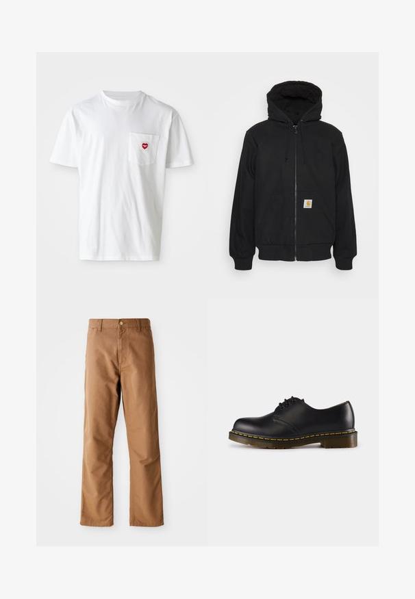 Svart zip-up hettegenser med quiltet hette, snorer og frontlommer. Har en logo-patch på venstre lomme og ribbestrikkede mansjetter.; Hvit bomulls t-skjorte med rund hals og korte ermer. Har en liten rød hjerte-logo på venstre brystlomme.; Brune rette bukser med bæltestropper, frontlommer, knaplukning og lynlås på en hvid baggrund.; Sorte skinnsko med rund tå, snøringsdesign, gul søm langs sålen og en kraftig, teksturert gummisåle.