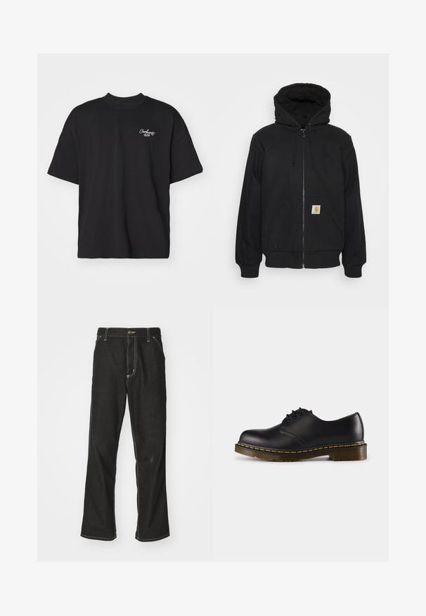 Sort zip-hætte med quitte hætte, snore og frontlommer. Har et logo-patch på den venstre lomme og ribbede manchetter.; Sort kortærmet t-shirt lavet af bomuld. Har en rund halsudskæring og et lille hvidt logo på venstre bryst. Standard pasform.; Sorte denimjeans med løs pasform, der har kontrasterende hvid syning, en knaplukning og et lige ben-design.; Sort lædersko med rund tå, snørebåndsdesign, gul syning langs sålen og en kraftig, tekstureret gummisål.