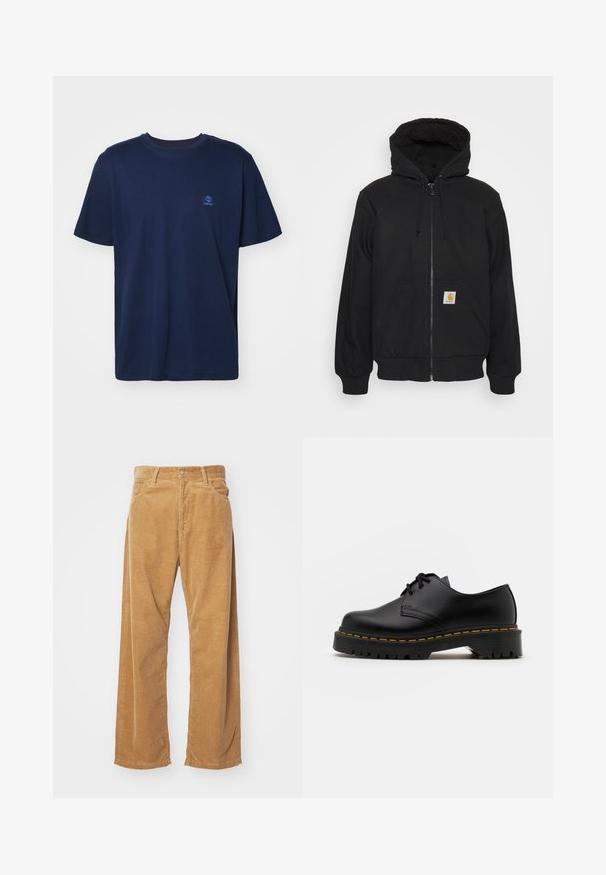 Černá mikina na zip s prošívanou kapucí, šňůrkami a předními kapsami. Obsahuje logovou nášivku na levé kapse a žebrované manžety.; Tmavě modré bavlněné tričko s krátkými rukávy, kulatým výstřihem a malou nášivkou Timberland na levé straně hrudi. Měkká textura.; Bavlněné široké kalhoty z kordu v odstínu tan. Mají texturované, vertikální pruhy, standardní pas a dvě přední kapsy.; Černá kůže šněrovací boty s kulatou špičkou, texturovanou gumovou podrážkou a žlutým prošíváním kolem základny. Plný design a hladký povrch.
