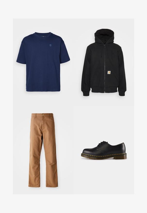 Hanorac închis la culoare cu fermoar, cu glugă matlasată, șnururi și buzunare frontale. Include un patch cu logo pe buzunarul din stânga și manșete ribbate.; Tricou din bumbac bleu marin cu guler rotund, mâneci scurte și un mic logo ton pe piept. Croi lejer, textură netedă.; Pantaloni drepți maro, cu bucle pentru curea, buzunare frontale, închidere cu nasture și fermoar, pe un fundal alb.; Pantof de piele neagră cu vârful rotunjit, design cu șireturi, cusătură galbenă de-a lungul tălpii și o talpă din cauciuc texturat, masivă.