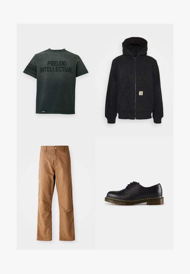 Svart dragkedja hoodie med en vadderad huva, snörning och framfickor. Har ett logotypmärke på vänster ficka och ribbade ärmslut.; Svart bomulls t-shirt med texten "PSEUDO INTELLECTUAL" i fet stil. Korta ärmar, rund halsringning och sliten detaljering vid kragen.; Bruna raka byxor med bälteshällor, framfickor, knappknäppning och dragkedja på en vit bakgrund.; Svart lädersko med rund tå, snörningsdesign, gula stygn längs sulan och en kraftig, texturerad gummisula.