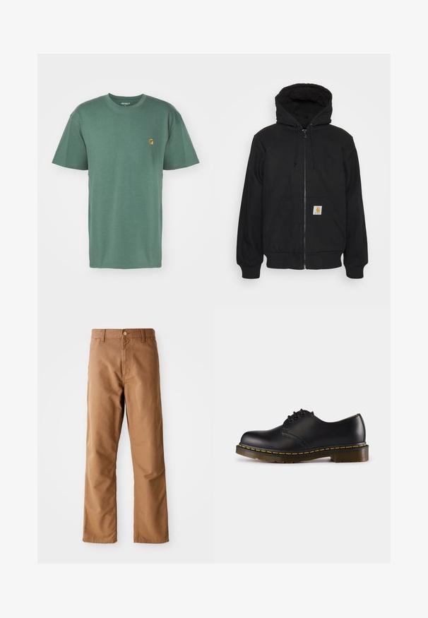 Schwarze Zip-Jacke mit einer gesteppte Kapuze, Kordelzügen und Fronttaschen. Enthält ein Logo-Patch auf der linken Tasche und gerippte Bündchen.; Carhartt WIP CHASE - T-Shirt basic - duck green/gold; Braune gerade geschnittene Hosen mit Gürtelschlaufen, Vordertaschen, Knopfverschluss und Reißverschluss vor einem weißen Hintergrund.; Schwarzer Lederschuh mit abgerundeter Zehenpartie, Schnürdesign, gelbe Stickerei entlang der Sohle und einer kräftigen, strukturierten Gummisohle.