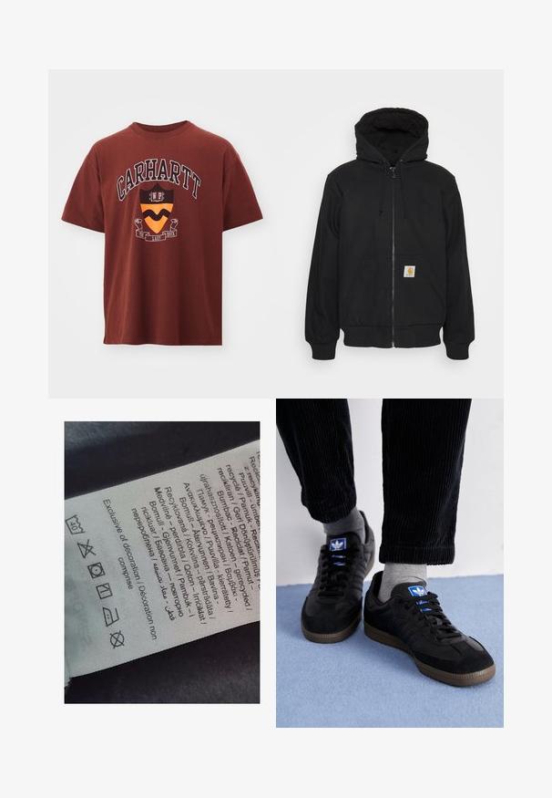 Črna zip-up kapuca s podloženim kapuco, z vrvicami in sprednjimi žepi. Ima logotip na levem žepu in rebraste manšete.; Bordo bombažna majica s kratkimi rokavi. Vključuje grafični tisk z besedilom "Carhartt" in obliko ščita v oranžni in črni barvi.; Oznaka s večjezičnim besedilom, simboli za nego in ikonami za recikliranje, tiskana na mehkem tkaninskem materialu svetle barve.; Črne teniske iz semiša in usnja, z modrim logotipom in rjavim gumijastim podplatom. V kombinaciji z sivimi nogavicami in kordno hlačami.