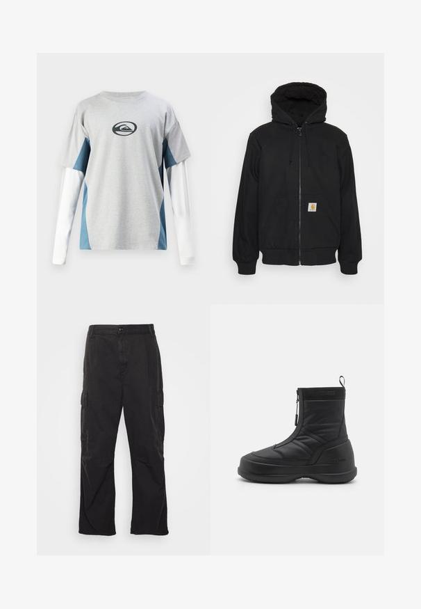 Schwarze Zip-Jacke mit einer gesteppte Kapuze, Kordelzügen und Fronttaschen. Enthält ein Logo-Patch auf der linken Tasche und gerippte Bündchen.; Graues Kurzarmhemd mit langen weißen Ärmeln, ausgestattet mit blauen Seitenpaneelen und einem schwarzen Logo auf der Brust. Aus Baumwollmaterial.; Schwarze Cargo-Hose mit geradem Bein, ausgestattet mit zwei Seitentaschen, einem Knopfverschluss und einem strukturierten Stoff.; Schwarzer wasserdichter Schneestiefel mit einem glatten synthetischen Obermaterial, Reißverschluss, gepolstertem Kragen und strukturiertem Gummisohle. Mit "MOON BOOT" Branding akzentuiert.