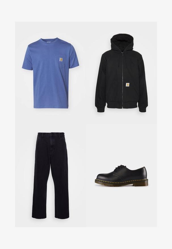 Černá mikina na zip s prošívanou kapucí, šňůrkami a předními kapsami. Obsahuje logovou nášivku na levé kapse a žebrované manžety.; Modré bavlněné tričko s kulatým výstřihem a krátkými rukávy, s náprsní kapsou a malou značkovou nášivkou. Hladký povrch.; Černé denimové kalhoty s rovnými nohavicemi, které mají zapínání na knoflík a zip, poutka na pásek a minimální detaily šití.; Černá kožená bota s kulatou špičkou, šněrovacím designem, žlutým prošíváním podél podrážky a chunky, texturovanou gumovou podrážkou.