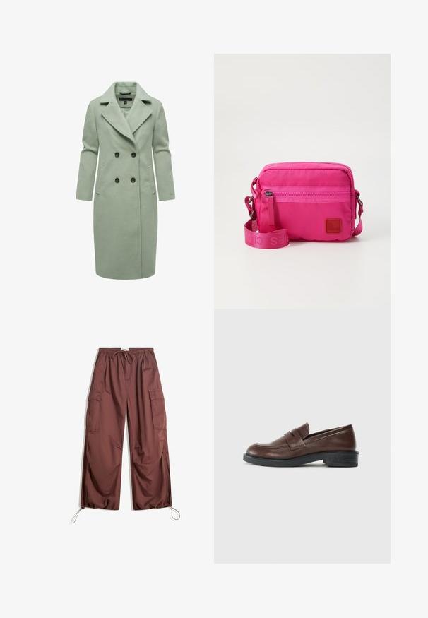 Jasnozielony płaszcz z mieszanki wełny w podwójnym zapięciu, z klapami kołnierza, dwoma przednimi kieszeniami i czarnymi guzikami.; Koszula w paski w kolorze różowym i białym. Wykonana z lekkiej tkaniny, z kieszenią na piersi. Posiada guziki wzdłuż zakładki i mankietu.; Szerokie brązowe spodnie cargo z elastycznym paskiem w talii, sznureczkiem do regulacji, dużymi kieszeniami bocznymi oraz regulowanymi sznureczkami przy kostkach.; Brązowe skórzane mokasyny z okrągłym noskiem, z dekoracyjnym paskiem na górze oraz niskim, teksturowanym czarnym gumowym obcasem.; Różowa nylonowa torebka na ramię z zamykaną na zamek przednią kieszenią, regulowanym paskiem i fakturowaną naszywką logo. Kompaktowy prostokątny kształt.