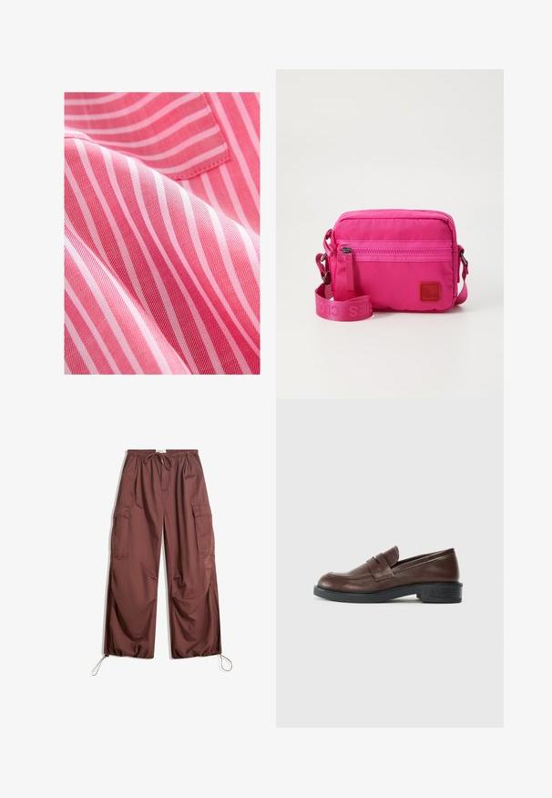 Hellgrüner Wollmischungsmantel im Doppelreiher-Design, mit einem Reverskragen, zwei vorderen Taschen und schwarzen Knöpfen.; Rot- und rosarot gestreifter Stoff mit glatter Textur, der schmale, abwechselnde Streifen und einen subtilen Glanz aufweist.; Weite braune Cargo-Hosen mit elastischem Bund, Kordelzug, großen Seitentaschen und verstellbaren Knöchelcords.; Braune Lederloafer mit runder Zehenpartie, die ein dekoratives Band über dem Obermaterial aufweisen, sowie einem niedrigen, strukturierten schwarzen Gummihacken.; Rosa Nylon Umhängetasche mit einer Reißverschluss-Vordertasche, verstellbarem Tragegurt und einem strukturierten Logo-Patch. Kompakte rechteckige Form.