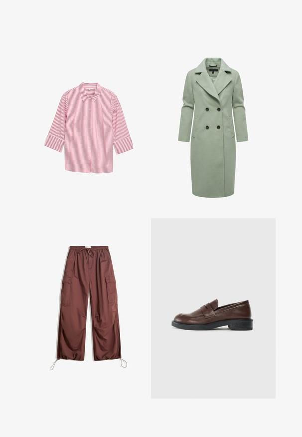 Svetlo zelena plašč iz volnene mešanice z dvojnim zapenjanjem, z ožjimi in širokimi ovratniki, dvema sprednjima žepoma in črnimi gumbi.; Roza in bela prugasta srajca na gumbe s ovratnikom in tričetrtinskimi rokavi, s gladkim materialom in enakomerno razporejenimi navpičnimi prugami.; Široke rjave cargo hlače z elastičnim pasom, vrvico za zategovanje, velikimi stranskimi žepi in nastavljivimi vrvicami pri gležnjih.; Rjave usnjene loafers čevlje s zaobljenim prstom, ki imajo okrasni pas preko zgornjega dela in nizek, strukturen črni gumijast peti.
