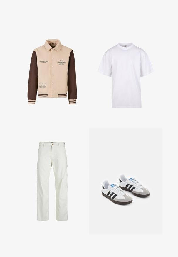 Beež ja pruun jakk nupuvarretega, kaelusega, broderi tekstiga ja triibuliste varrukatega. Valmistatud pehmest kangast, koos dekoratiivsete plaastritega.; Valge puuvillane t-särk ümmarguse kaeluse, lühikeste varrukate ja lõdva lõikega. Omab lihtsat disaini ilma mustrite või aktsendita.; Valged kohvripüksid, millel on mugav lõige, ees nupuga kinnitamine ja mitmed taskud külgedel, valmistatud vastupidavast puuvillamaterjalist.; Spordijalatsid valge nahkpealsega, halli nubuk-naha otsaga ja kolme musta triibuga. Omab sinist logo keele peal ja struktureeritud kummitalda.