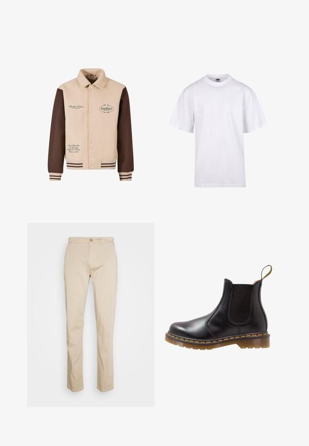 Giacca beige e marrone con chiusura a bottoni, colletto, testo ricamato e polsini a righe. Realizzata in tessuto morbido, presenta toppe decorative.; T-shirt bianca in cotone con scollatura a girocollo, maniche corte e vestibilità rilassata. Presenta un design semplice senza motivi o accenti.; Chino in cotone beige con design a gamba dritta, dotati di chiusura con bottone e una leggera texture. Nessun motivo o dettaglio visibile.; Stivale Chelsea in pelle nera con pannelli elastici laterali, cuciture gialle e suola in gomma testurizzata. Presenta un tassello per un facile indossamento.