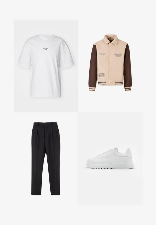 Beige und braune Jacke mit Knopfleiste, Kragen, gesticktem Text und gestreiften Bündchen. Hergestellt aus weichem Stoff, mit dekorativen Patches.; Weißes Baumwoll-T-Shirt mit Rundhalsausschnitt und kurzen Ärmeln. Mit einem kleinen schwarzen Textdruck "ORIGINALS est. 1970" auf der Vorderseite.; Schwarze Hose mit plissiertem Vorderdesign, aus glattem Stoff gefertigt. Mit Knopfverschluss und Gürtelschlaufen; gerade Passform.; Weiße Leder-Sneaker mit Schnürverschluss, strukturierter Oberfläche und dicker, weißer Gummisohle mit gezacktem Rand für besseren Halt.