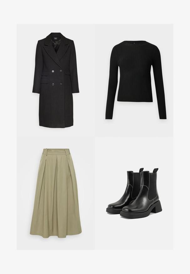 ONLY ONLMONIKA COAT - Abrigo clásico - black; Suéter negro de manga larga ajustado con estampado de canalé y cuello redondo, exhibido sobre un fondo claro y liso.; Falda plisada caqui hecha de tejido ligero, con cintura alta y líneas limpias; presenta un brillo sutil y sin adornos visibles.; Botas Chelsea de cuero negro con tacón grueso, paneles laterales elásticos y costuras en blanco que contrastan. Acabado texturizado.